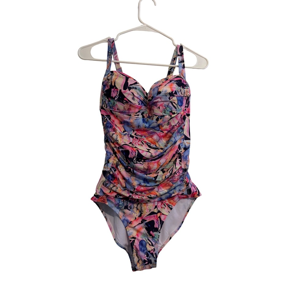 Nicole Miller Studio One Piece Swimsuit Women's Floral Ruched Multicolor Size M‎